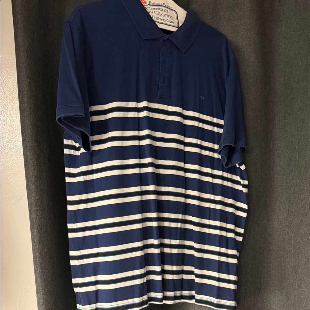 Calvin Klein Navy and White Striped Polo Shirt